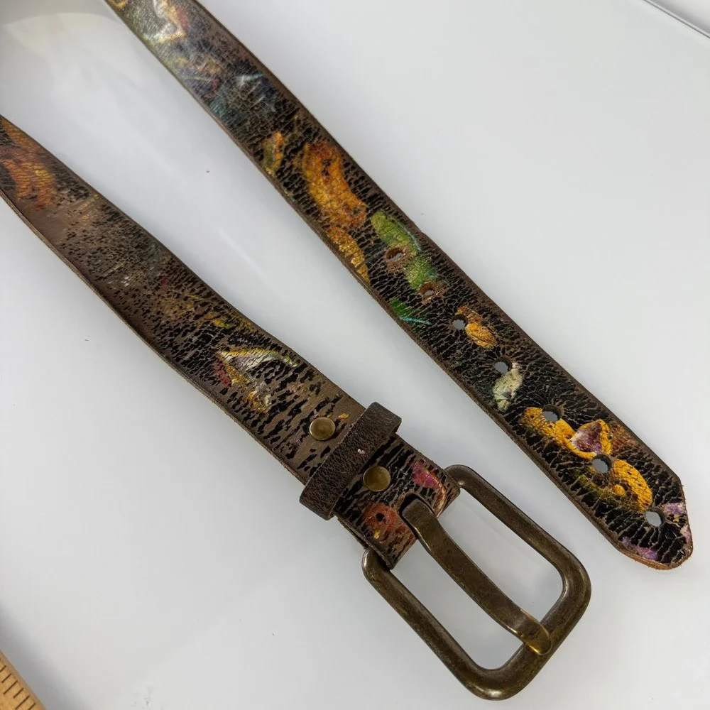 Leather Island Belt Mens 40 Snakes Brown Italian Leather Hand Stained Distressed